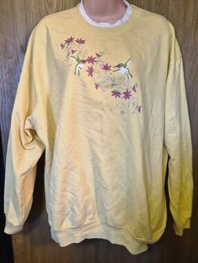 Vintage Yellow Spring Floral Embroidered Hummingbird Sweatshirt 2x Cottage Core